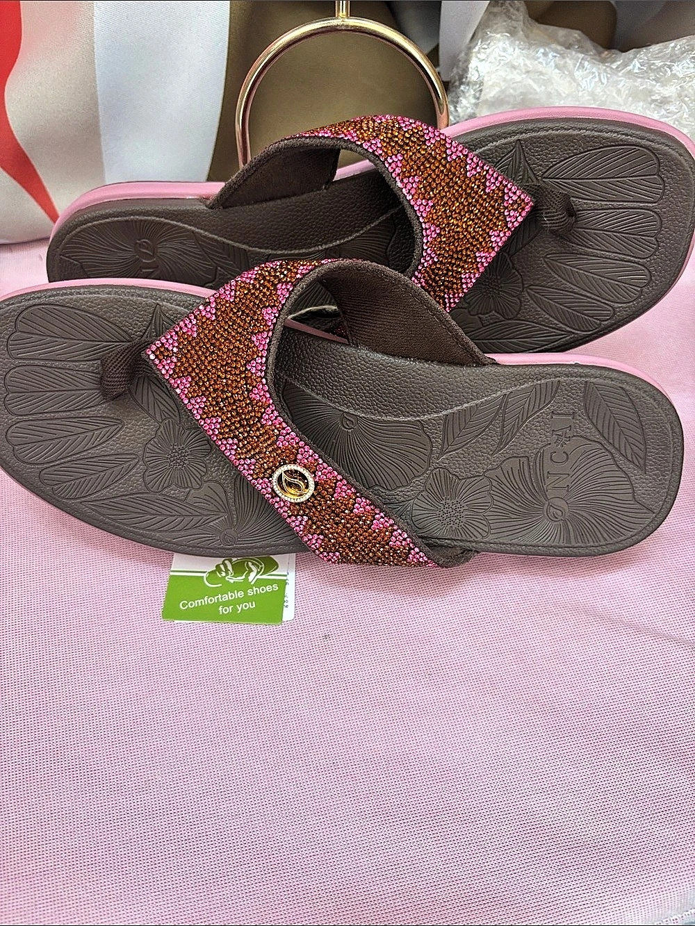ONCAI OW7F9 Beaded Floral Sandals Brown & Pink US 8